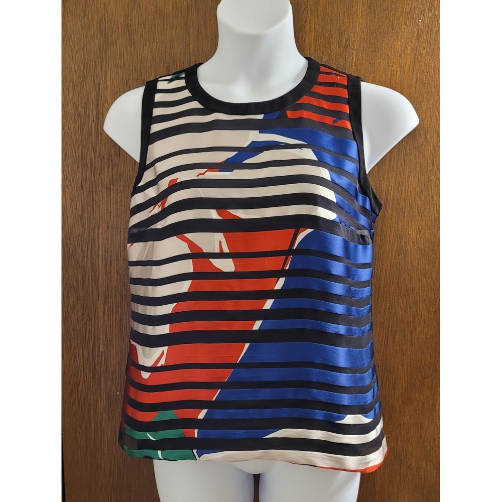 Hugo Boss Sleeveless Top Abstract Print Stripes Silk Zip Blouse Sz 10 Business